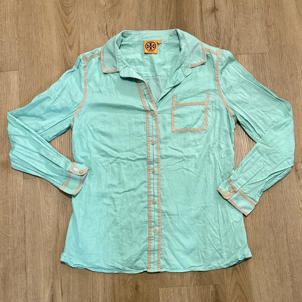 Tory Burch Aqua Button-Up Blouse with Tan Trim 100% Cotton Women’s Size 12